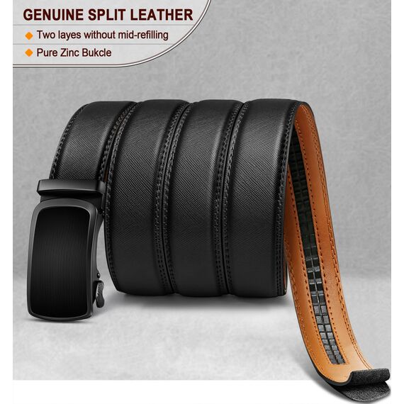 BULLIANT Gürtel Herren, Gürtel Ratsche Ledergürtel Automatikschließe für Herren Anzug Business Kleidung,Breit 35mm,Größe Angepasst(Schwarz-110cm/30-36" taille verstellbar)