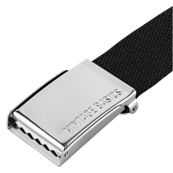 VINTAGE BASICS Unisex Stoffgürtel 130cm lang - 3,8cm breit - Herren und Damen Gürtel - Stufenlos verstellbarer Canvas Belt - Metallschnalle Schwarz