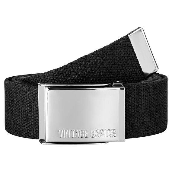 VINTAGE BASICS Unisex Stoffgürtel 130cm lang - 3,8cm breit - Herren und Damen Gürtel - Stufenlos verstellbarer Canvas Belt - Metallschnalle Schwarz
