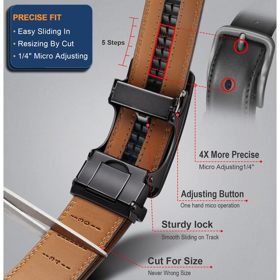 BULLIANT Gürtel Herren, Gürtel Ratsche Ledergürtel Automatikschließe für Herren Anzug Business Kleidung,Breit 35mm,Größe Angepasst(Schwarz-115cm/32-38" taille verstellbar)