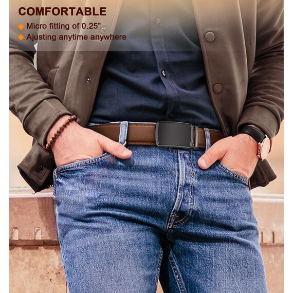 BULLIANT Gürtel Herren, Gürtel Ratsche Ledergürtel Automatikschließe für Herren Anzug Business Kleidung,Breit 35mm,Größe Angepasst(Roter Ziegelstein-105cm/28-34" taille verstellbar)