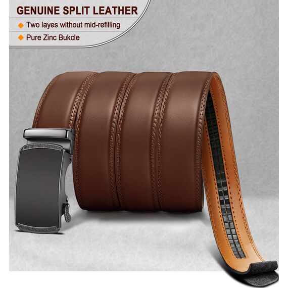 BULLIANT Gürtel Herren, Gürtel Ratsche Ledergürtel Automatikschließe für Herren Anzug Business Kleidung,Breit 35mm,Größe Angepasst(Roter Ziegelstein-115cm/32-38" taille verstellbar)
