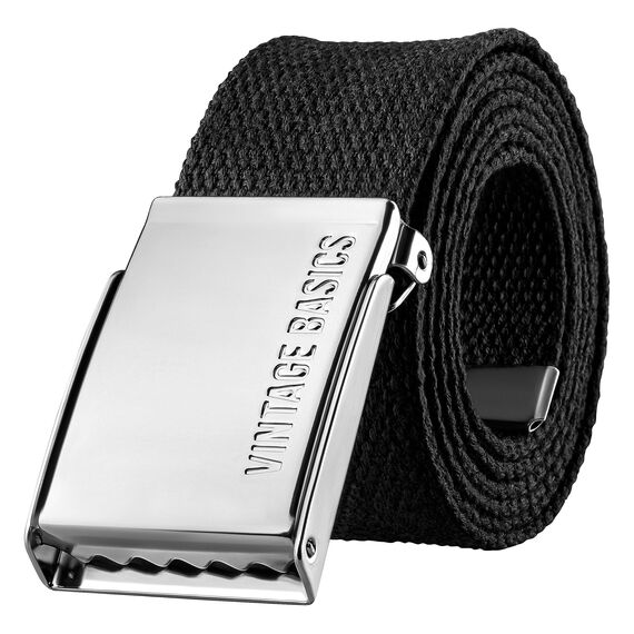 VINTAGE BASICS Unisex Stoffgürtel 130cm lang - 3,8cm breit - Herren und Damen Gürtel - Stufenlos verstellbarer Canvas Belt - Metallschnalle Schwarz