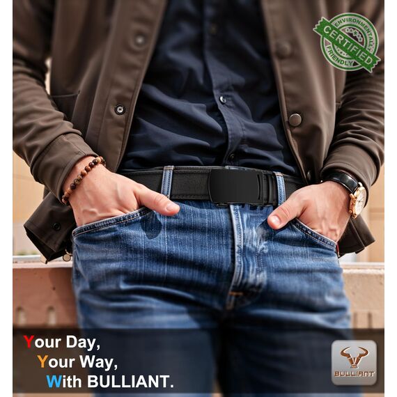 BULLIANT Gürtel Herren, Gürtel Ratsche Ledergürtel Automatikschließe für Herren Anzug Business Kleidung,Breit 35mm,Größe Angepasst(Schwarz-125cm/36-42" taille verstellbar)