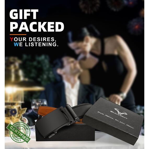 BULLIANT Gürtel Herren, Gürtel Ratsche Ledergürtel Automatikschließe für Herren Anzug Business Kleidung,Breit 35mm,Größe Angepasst(Schwarz-125cm/36-42" taille verstellbar)