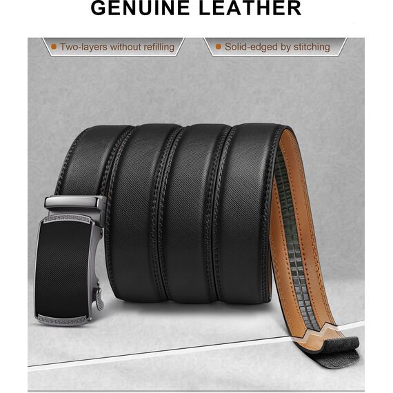 BULLIANT Gürtel Herren, Gürtel Ratsche Ledergürtel Automatikschließe für Herren Anzug Business Kleidung,Breit 35mm,Größe Angepasst(Schwarz-130cm/38-44" taille verstellbar)