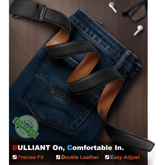 BULLIANT Gürtel Herren, Gürtel Ratsche Ledergürtel Automatikschließe für Herren Anzug Business Kleidung,Breit 35mm,Größe Angepasst(Schwarz-125cm/36-42" taille verstellbar)
