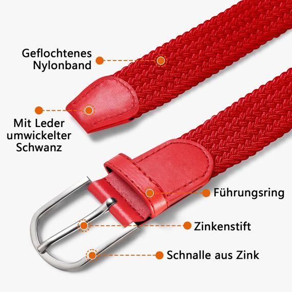 TANGCHAO Stoffgürtel Stretchgürtel Elastik Flechtgürtel Geflochtener und Elastischer Dehnbarer Gürtel für Damen und Herren Breite 3.3cm Rot 90cm