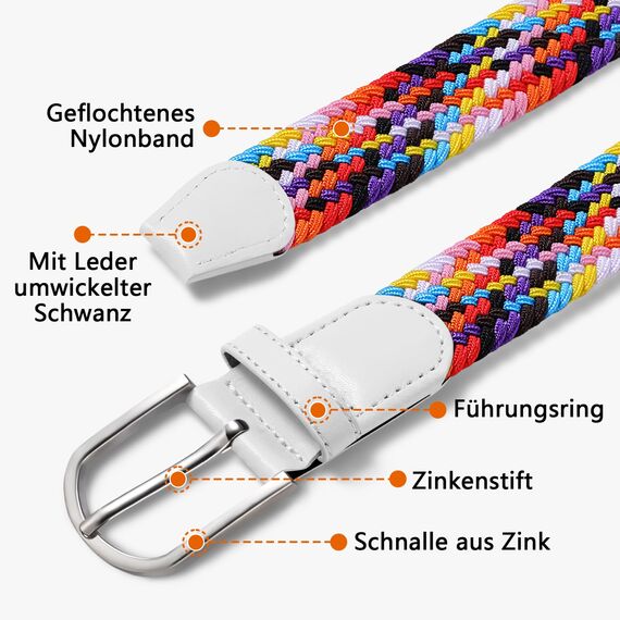 TANGCHAO Stoffgürtel Stretchgürtel Elastik Flechtgürtel Geflochtener und Elastischer Dehnbarer Gürtel für Damen und Herren Breite 3.3cm Regenbogen 90cm