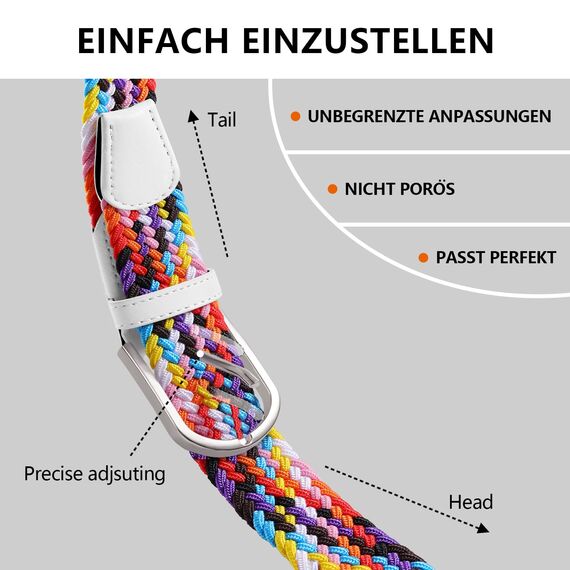 TANGCHAO Stoffgürtel Stretchgürtel Elastik Flechtgürtel Geflochtener und Elastischer Dehnbarer Gürtel für Damen und Herren Breite 3.3cm Regenbogen 130cm