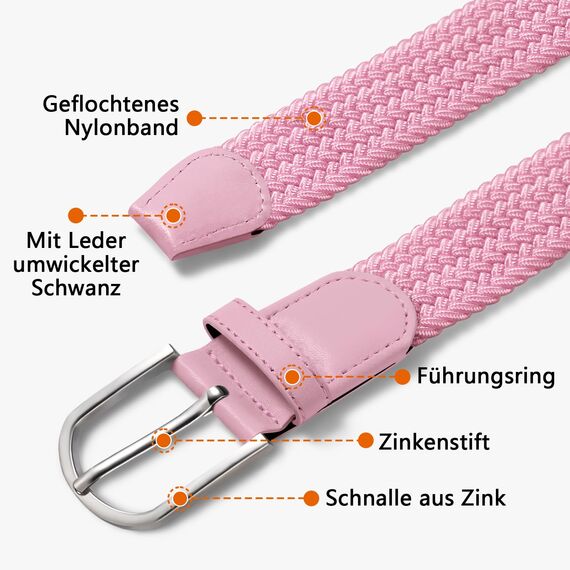 TANGCHAO Stoffgürtel Stretchgürtel Elastik Flechtgürtel Geflochtener und Elastischer Dehnbarer Gürtel für Damen und Herren Breite 3.3cm Rosa 90cm