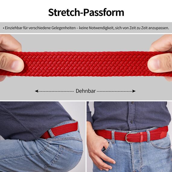 TANGCHAO Stoffgürtel Stretchgürtel Elastik Flechtgürtel Geflochtener und Elastischer Dehnbarer Gürtel für Damen und Herren Breite 3.3cm Rot 120cm