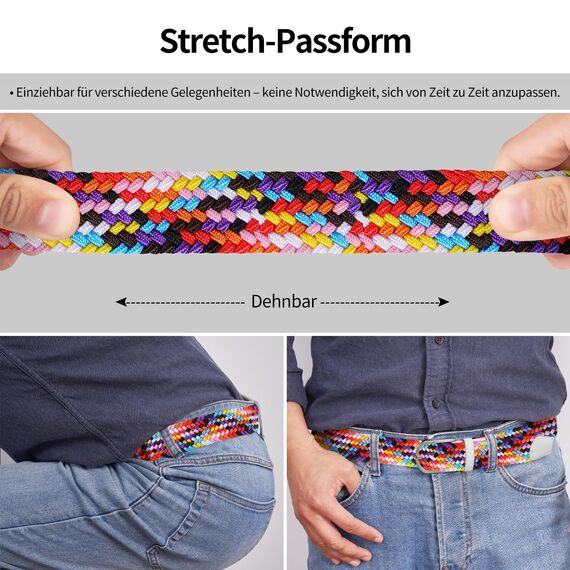 TANGCHAO Stoffgürtel Stretchgürtel Elastik Flechtgürtel Geflochtener und Elastischer Dehnbarer Gürtel für Damen und Herren Breite 3.3cm Regenbogen 130cm