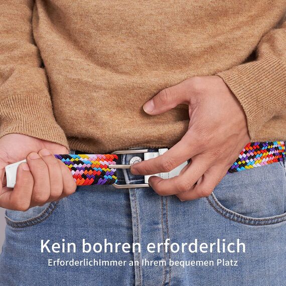 TANGCHAO Stoffgürtel Stretchgürtel Elastik Flechtgürtel Geflochtener und Elastischer Dehnbarer Gürtel für Damen und Herren Breite 3.3cm Regenbogen 130cm