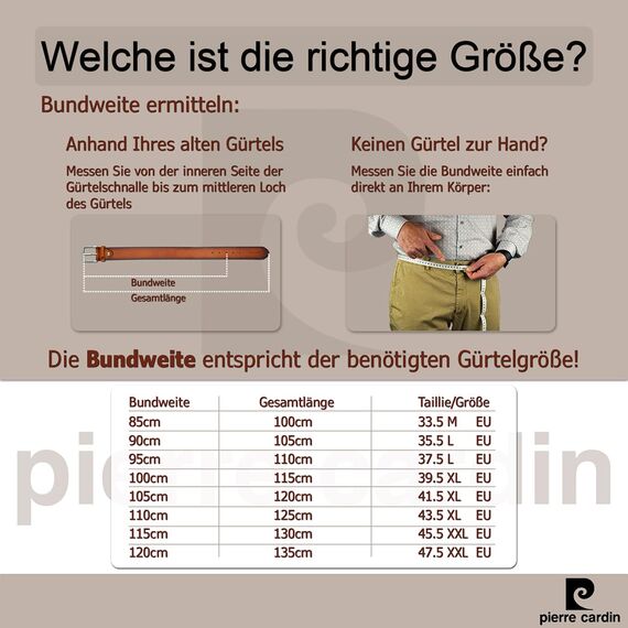 Pierre Cardin Leder-Gürtel Herren 40 mm breit, Gürtel Herren Vollledergürtel schwarz/braun, Größe/Size:Bundweite 120 cm Gesamtlänge 135 cm W 47.2 XXL, Farbe/Color:braun