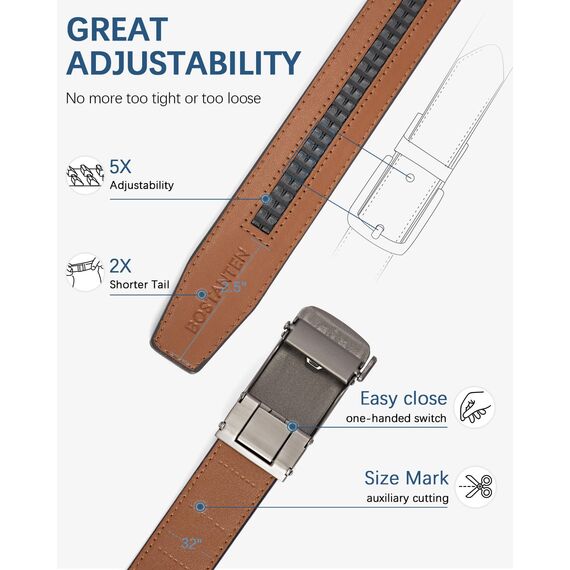 BOSTANTEN Gürtel Herren, Ledergürtel für Herren mit Ratsche Automatikschließe Business Anzug Gürtel Breit 35mm,Größe Angepasst