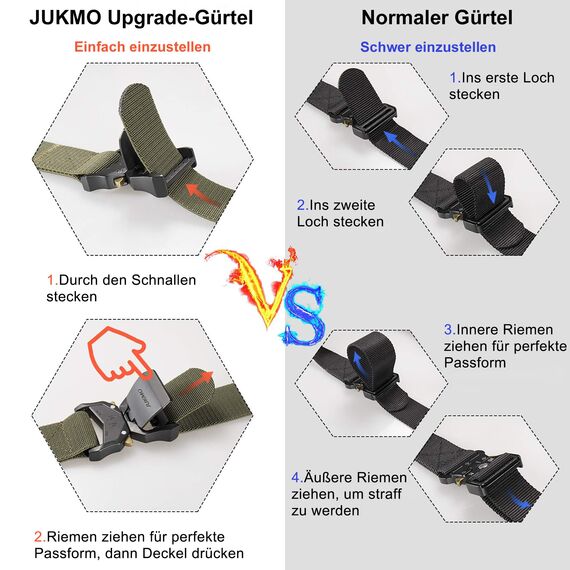 JUKMO Taktischer Gürtel, Militär Wandern 3,8cm Arbeit Gürtel mit Schwere Schnellverschluss Schnalle (Grün, 135cm)