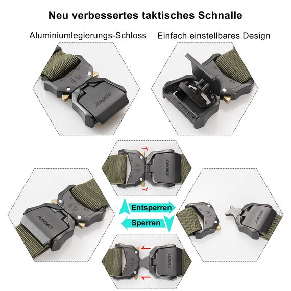 JUKMO Taktischer Gürtel, Militär Wandern 3,8cm Arbeit Gürtel mit Schwere Schnellverschluss Schnalle (Grün, 135cm)
