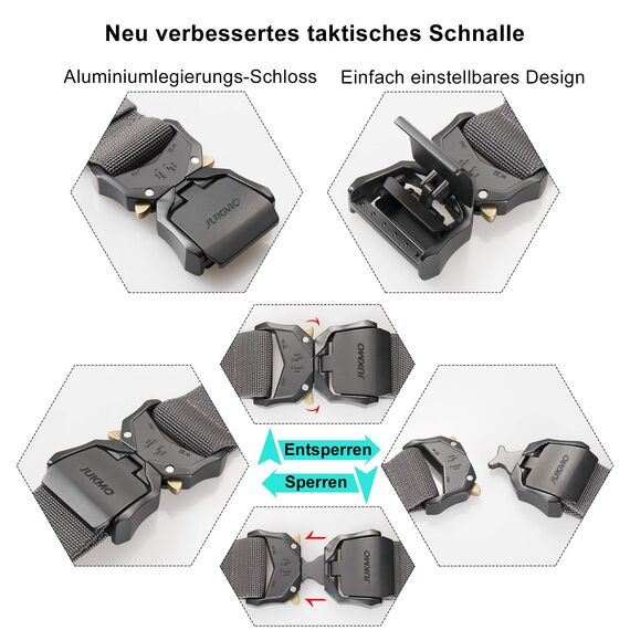 JUKMO Taktischer Gürtel, Militär-Wandergürtel, 3,8 cm, Nylon-Gurt, Arbeitsgürtel mit robuster Schnellverschluss-Schnalle, GRAU, XXX-Large-for Waist 54"-58" (Length 65")