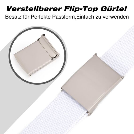 JasGood Unisesx Webgürtel Herren Damen Leinwand Arbeitsgürtel Frei Verstellbarer Flip-Top Webgürtel Silber Militärschnalle für Geschäft Sport Lässig,Weiß,135cm