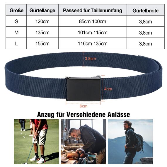 JasGood Unisesx Webgürtel Herren Damen Leinwand Arbeitsgürtel Frei Verstellbarer Flip-Top Webgürtel Schwarze Militärschnalle für Geschäft Sport Lässig,Marineblau,135cm