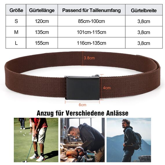 JasGood Unisesx Webgürtel Herren Damen Leinwand Arbeitsgürtel Frei Verstellbarer Flip-Top Webgürtel Silber Militärschnalle für Geschäft Sport Lässig,Kaffee,155cm