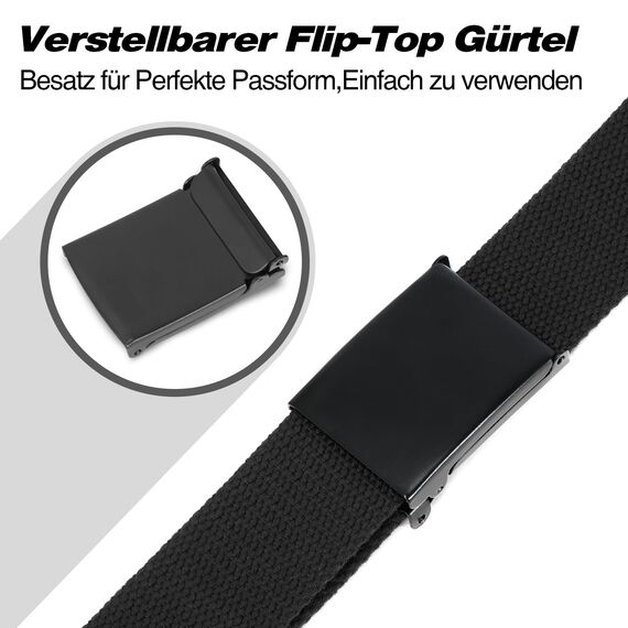 JasGood Unisesx Webgürtel Herren Damen Leinwand Arbeitsgürtel Frei Verstellbarer Flip-Top Webgürtel Schwarze Militärschnalle für Geschäft Sport Lässig,Schwarz,135cm