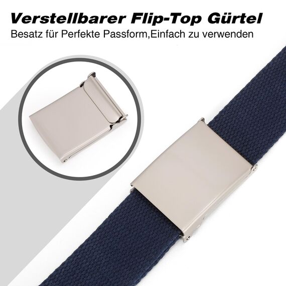 JasGood Unisesx Webgürtel Herren Damen Leinwand Arbeitsgürtel Frei Verstellbarer Flip-Top Webgürtel Silber Militärschnalle für Geschäft Sport Lässig,Navy blau,135cm