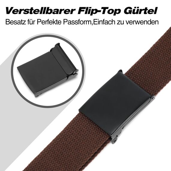 JasGood Unisesx Webgürtel Herren Damen Leinwand Arbeitsgürtel Frei Verstellbarer Flip-Top Webgürtel Schwarze Militärschnalle für Geschäft Sport Lässig,Kaffee,135cm
