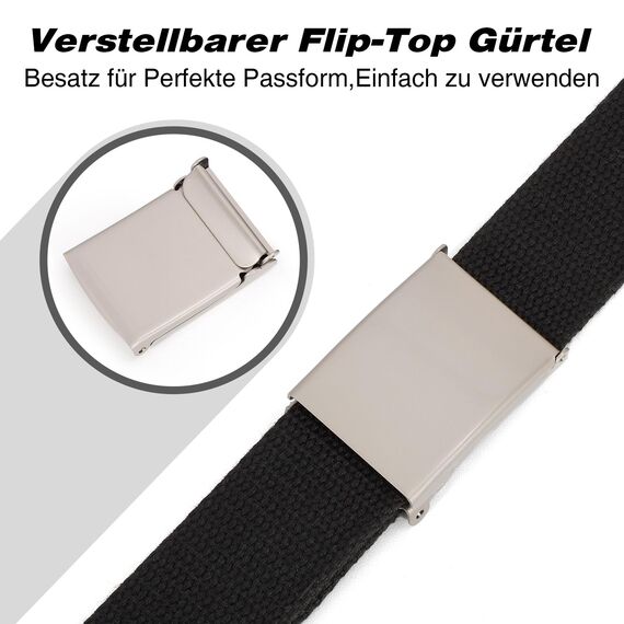 JasGood Unisesx Webgürtel Herren Damen Leinwand Arbeitsgürtel Frei Verstellbarer Flip-Top Webgürtel Silber Militärschnalle für Geschäft Sport Lässig,SCHWARZ,135cm