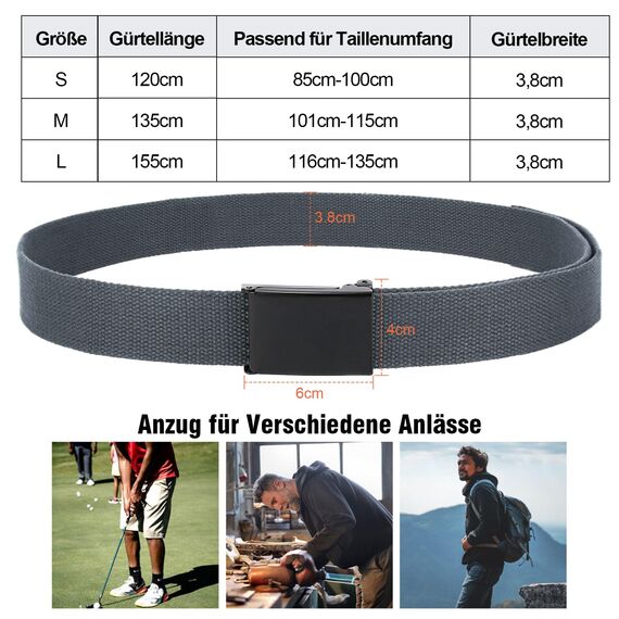 JasGood Unisesx Webgürtel Herren Damen Leinwand Arbeitsgürtel Frei Verstellbarer Flip-Top Webgürtel Schwarze Militärschnalle für Geschäft Sport Lässig,Grau,120cm