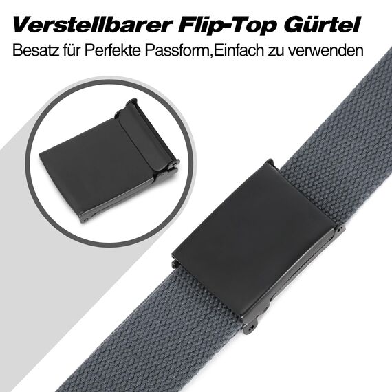 JasGood Unisesx Webgürtel Herren Damen Leinwand Arbeitsgürtel Frei Verstellbarer Flip-Top Webgürtel Schwarze Militärschnalle für Geschäft Sport Lässig,Grau,120cm