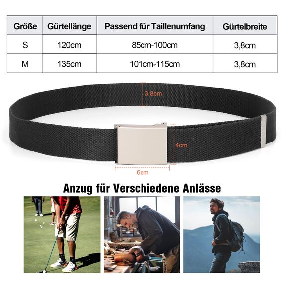 JasGood Unisesx Webgürtel Herren Damen Leinwand Arbeitsgürtel Frei Verstellbarer Flip-Top Webgürtel Silber Militärschnalle für Geschäft Sport Lässig,SCHWARZ,120cm