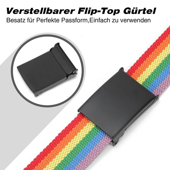 JasGood Unisesx Webgürtel Herren Damen Leinwand Arbeitsgürtel Frei Verstellbarer Flip-Top Webgürtel Schwarze Militärschnalle für Geschäft Sport Lässig,Rainbow,135cm