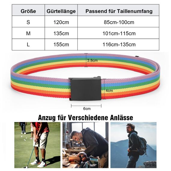 JasGood Unisesx Webgürtel Herren Damen Leinwand Arbeitsgürtel Frei Verstellbarer Flip-Top Webgürtel Silber Militärschnalle für Geschäft Sport Lässig,Regenbogen,155cm