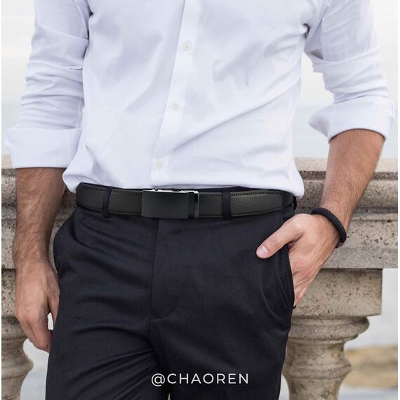 CHAOREN Automatik Gürtel Herren, Buckley Ledergürtel Ratsche Automatikschließe für Herren Business Anzug, 35mm Breit Gürtel Ohne Löcher, Größe Angepasst - Schwarz