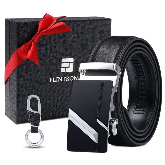 flintronic Herren Gürtel,Hochwertiges Leder material Ratsche Automatik Gürtel für Männer Ledergürtel Breite 3.5cm Länge 139CM-Schwarz (inkl Schlüsselbund & Geschenkbox)