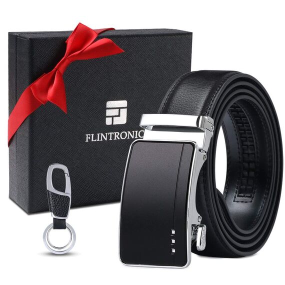 flintronic Herren Gürtel,Hochwertiges Leder material Ratsche Automatik Gürtel für Männer Ledergürtel Breite 3.5cm Länge 129CM-Schwarz (inkl Schlüsselbund & Geschenkbox)