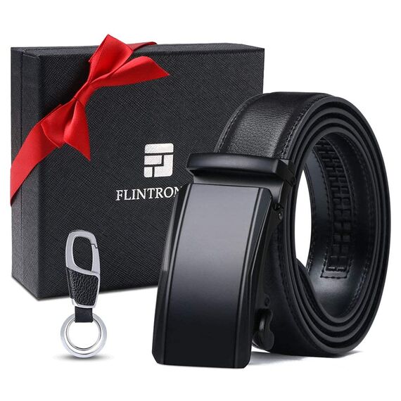 flintronic Herren Gürtel,Hochwertiges Leder material Ratsche Automatik Gürtel für Männer Ledergürtel Breite 3.5cm Länge 133CM-Schwarz (inkl Schlüsselbund & Geschenkbox)