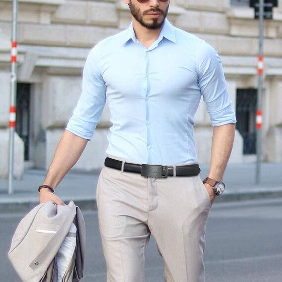 flintronic Herren Gürtel,Hochwertiges Leder material Ratsche Automatik Gürtel für Männer Ledergürtel Breite 3.5cm Länge 143CM-Schwarz (inkl Schlüsselbund & Geschenkbox)