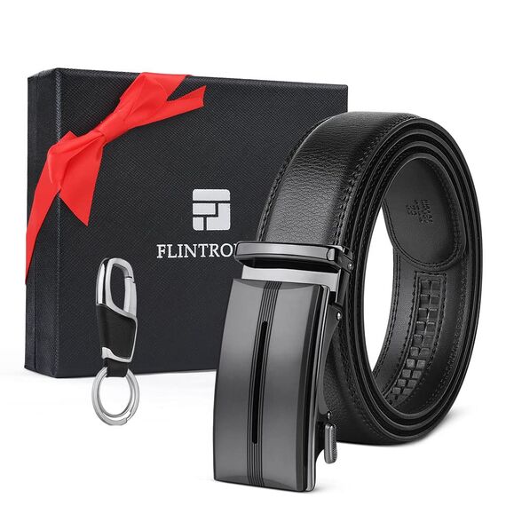 flintronic Herren Gürtel,Hochwertiges Leder material Ratsche Automatik Gürtel für Männer Ledergürtel Breite 3.5cm Länge 145CM-Schwarz (inkl Schlüsselbund & Geschenkbox)