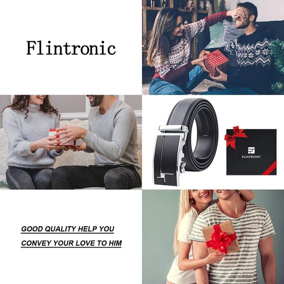 flintronic Herren Gürtel,Hochwertiges Leder material Ratsche Automatik Gürtel für Männer Ledergürtel Breite 3.5cm Länge 132CM-Schwarz (inkl Schlüsselbund & Geschenkbox)