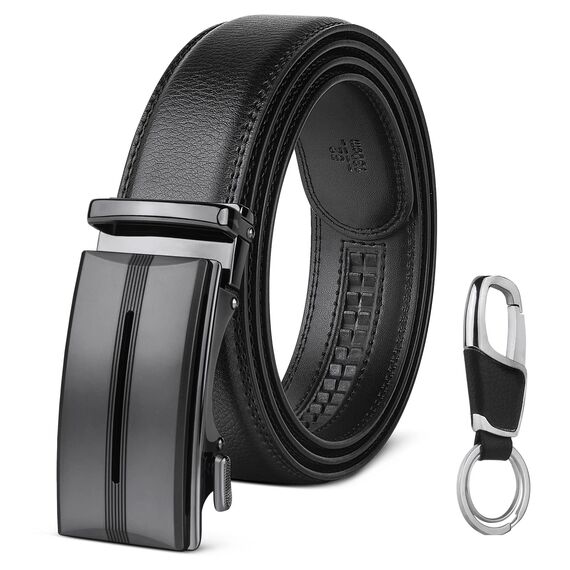 flintronic Herren Gürtel,Hochwertiges Leder material Ratsche Automatik Gürtel für Männer Ledergürtel Breite 3.5cm Länge 145CM-Schwarz (inkl Schlüsselbund & Geschenkbox)