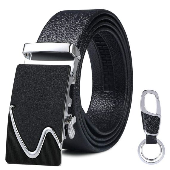 flintronic Herren Gürtel,Hochwertiges Leder material Ratsche Automatik Gürtel für Männer Ledergürtel Breite 3.5cm Länge 148CM-Schwarz (inkl Schlüsselbund & Geschenkbox)