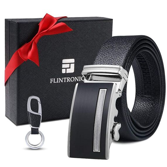 flintronic Herren Gürtel,Hochwertiges Leder material Ratsche Automatik Gürtel für Männer Ledergürtel Breite 3.5cm Länge 136CM-Schwarz (inkl Schlüsselbund & Geschenkbox)