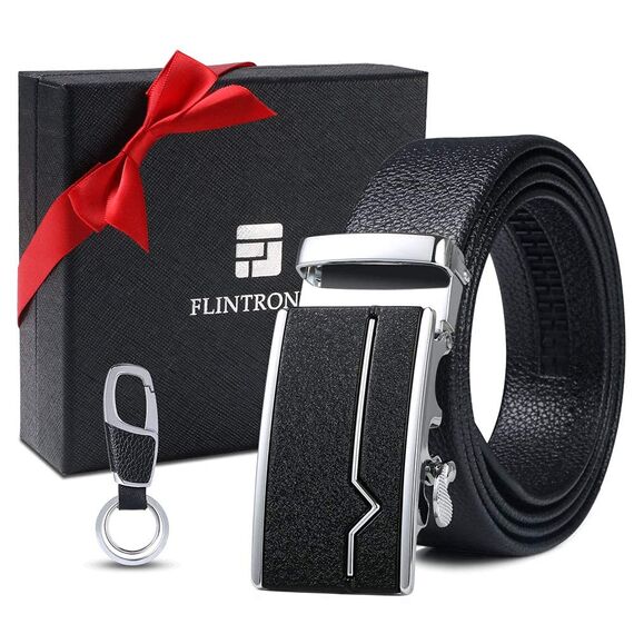 flintronic Herren Gürtel,Hochwertiges Leder material Ratsche Automatik Gürtel für Männer Ledergürtel Breite 3.5cm Länge 127CM-Schwarz (inkl Schlüsselbund & Geschenkbox)