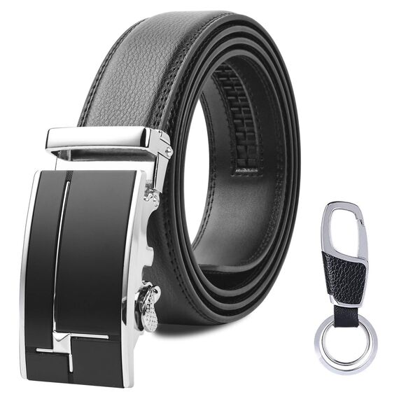flintronic Herren Gürtel,Hochwertiges Leder material Ratsche Automatik Gürtel für Männer Ledergürtel Breite 3.5cm Länge 132CM-Schwarz (inkl Schlüsselbund & Geschenkbox)