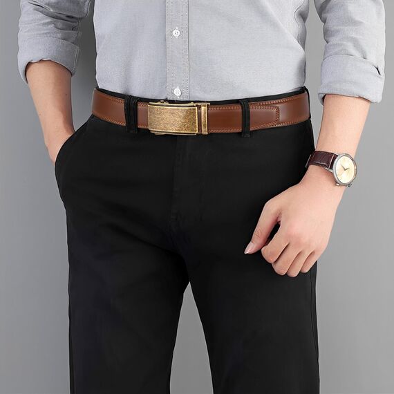 guvoosm Gürtel Herren,Leder Automatik Gürtel Für Herren Business Anzug -3,5cm Breite-2011-140-Cognac Brown