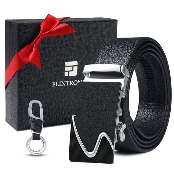flintronic Herren Gürtel,Hochwertiges Leder material Ratsche Automatik Gürtel für Männer Ledergürtel Breite 3.5cm Länge 148CM-Schwarz (inkl Schlüsselbund & Geschenkbox)