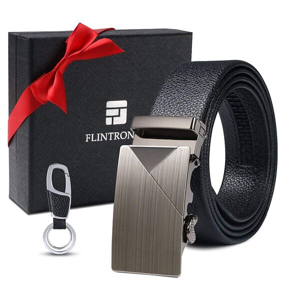flintronic Herren Gürtel,Hochwertiges Leder material Ratsche Automatik Gürtel für Männer Ledergürtel Breite 3.5cm Länge 135CM-Schwarz (inkl Schlüsselbund & Geschenkbox)